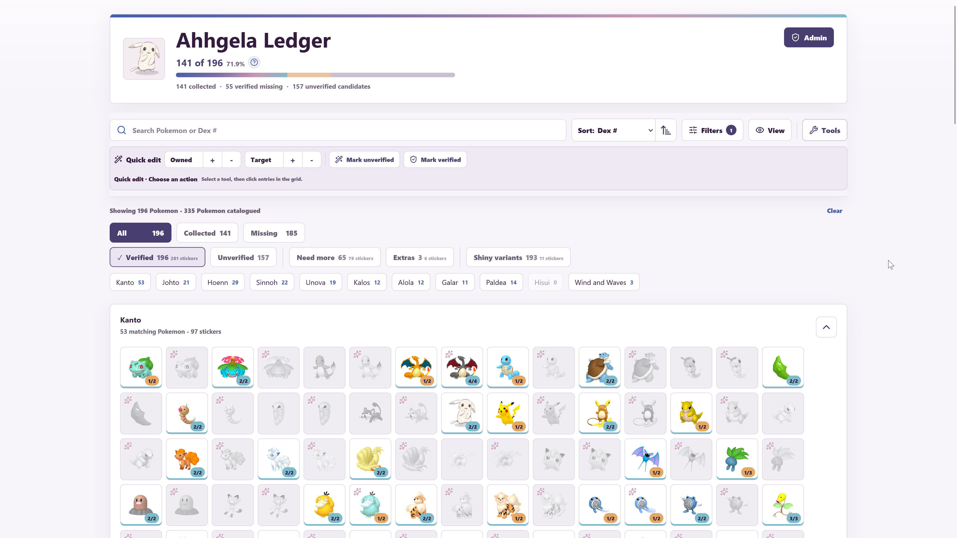 Ahhgela Ledger populated collection interface with summary counts, filters, regional grouping, and sticker tiles