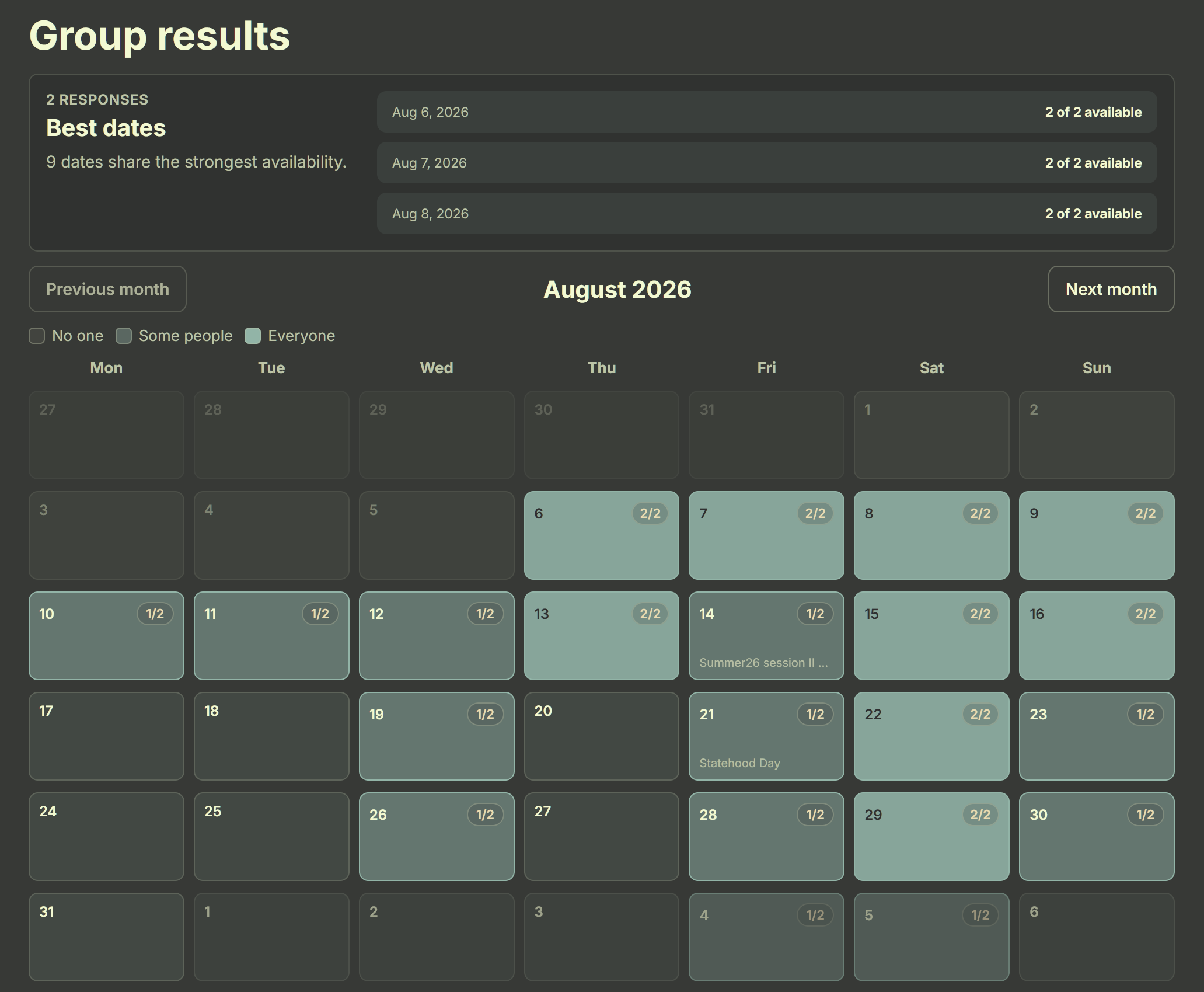 Hangout Planner group results calendar with best dates and availability counts