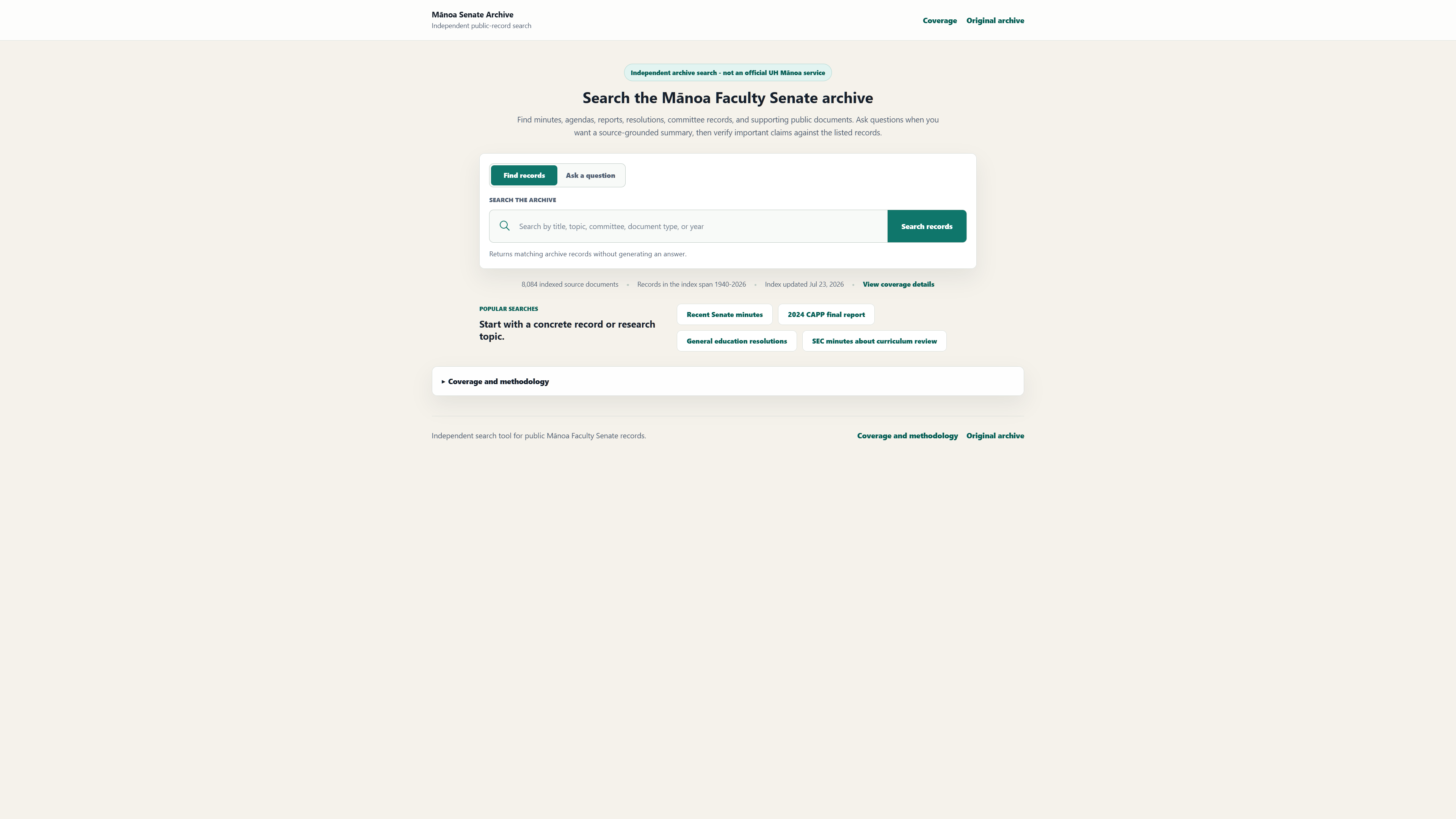 Mānoa Faculty Senate RAG archive search interface with Find Records mode, a search field, coverage links, and public-record search context.