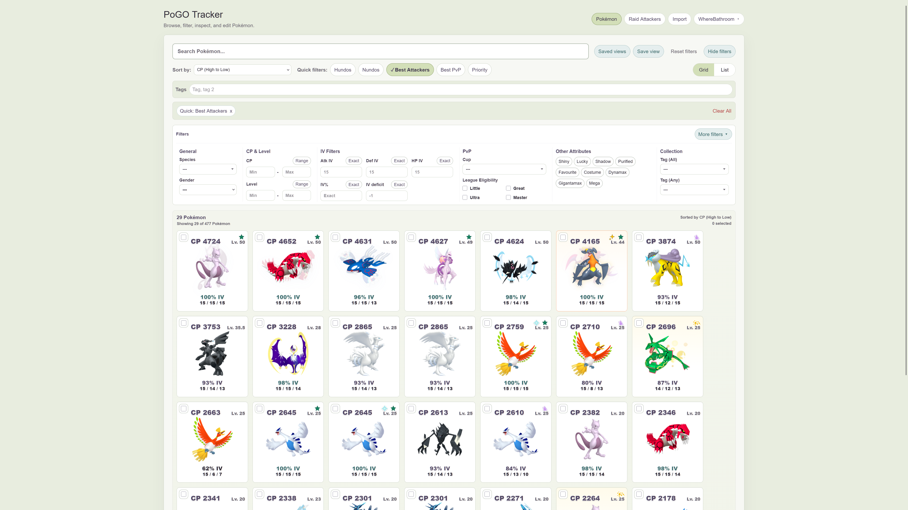 PoGO Tracker development collection grid with filters, saved views, and Pokémon cards